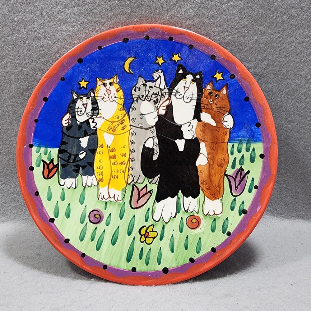 Decorative Catzilla Plate with Cats Under the Moon Hand Painted Candace Reiter